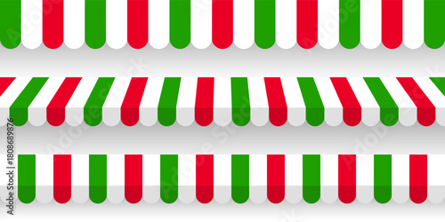 Shop sunshade. Realistic striped cafe awning. Outdoor market tent. Roof canopy in Italian flag colors. Summer street store. Vector illustration