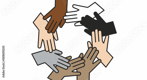 A circle of diverse hands joined together, representing unity and collaboration.
