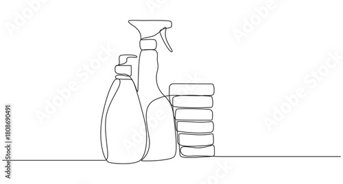 Cleaning your best service various containers of detergent one line art drawing,Minimalist line art illustration of cleaning supplies for home or business use,