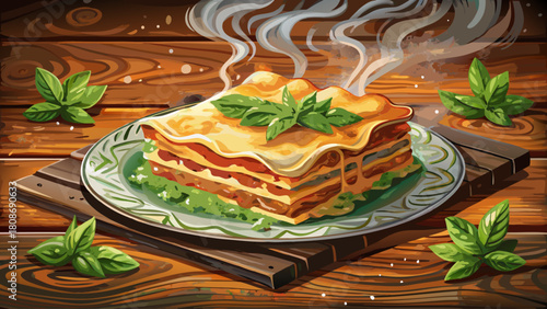 A top-down photorealistic view of spinach lasagna served on a rustic wooden table, with steam rising and rich cheese textures visible between layered pasta sheets