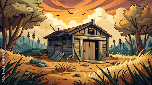 Old wooden storage hut surrounded by dry grass and scattered logs, cinematic vintage tones creating an eerie yet nostalgic rural mood