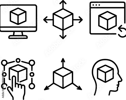 3D visualization and modeling process line icons
