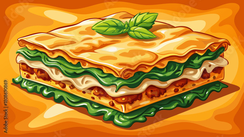 A photorealistic close-up of a freshly baked spinach lasagna, with bubbling cheese and layered green spinach visible beneath the golden crust, shot in warm kitchen lighting