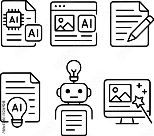 AI powered content creation and editing line icons