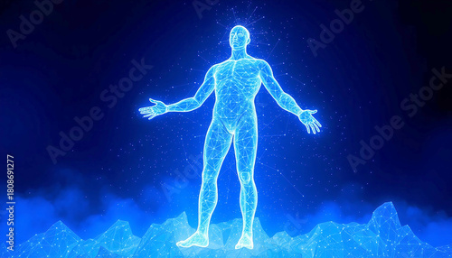 A futuristic statue forming from digital particles, blending surreal scale with holographic sci-fi aesthetics.