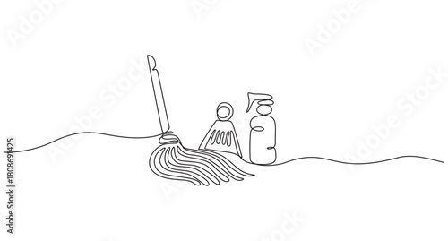 Cleaning your best service various containers of detergent one line art drawing,Minimalist line art illustration of cleaning supplies for home or business use,