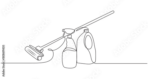 Cleaning your best service various containers of detergent one line art drawing,Minimalist line art illustration of cleaning supplies for home or business use,