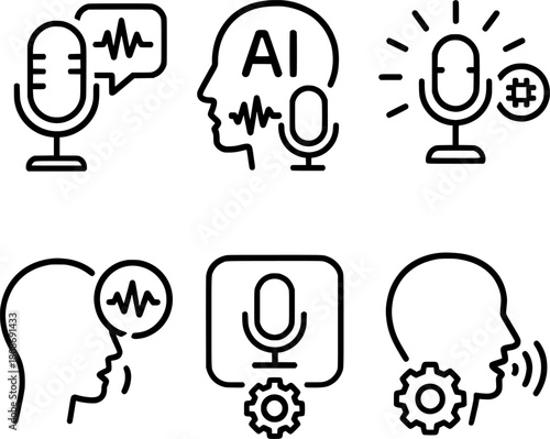 AI voice recognition and command processing technology outline icons