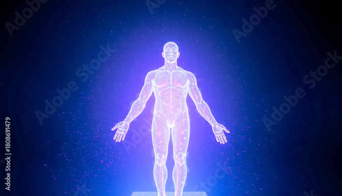 A futuristic statue forming from digital particles, blending surreal scale with holographic sci-fi aesthetics.