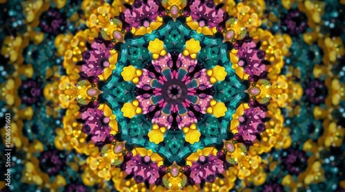 Vibrant kaleidoscope pattern with pink, yellow, and teal colors, creating a symmetrical design suitable for various artistic applications with a mesmerizing effect.