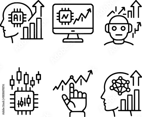 Artificial intelligence powered stock trading analytics vector icon set
