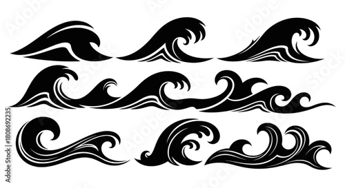 Wave Silhouette Vector Illustration Showing Multiple Curving Variations in Bold Minimal Ocean Style

