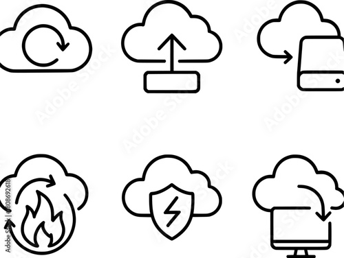 Cloud backup and disaster recovery line icons