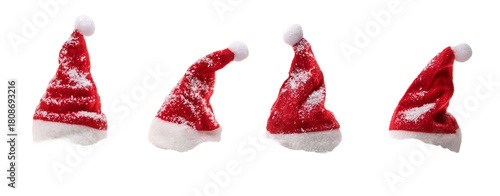 set of santa claus caps isolated on transparent background covered with snow for christmas