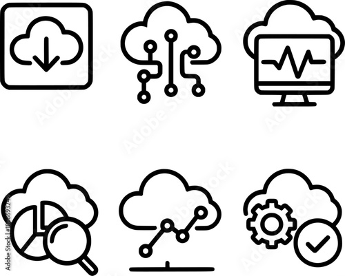 cloud native app monitoring and diagnostics line icon set