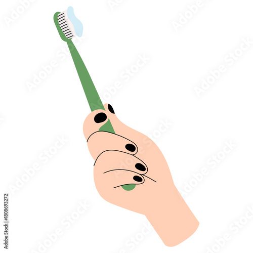 Flat-style illustration of a female hand holding a toothbrush, ideal for dental care banners, health blogs, hygiene ads and modern medical designs.