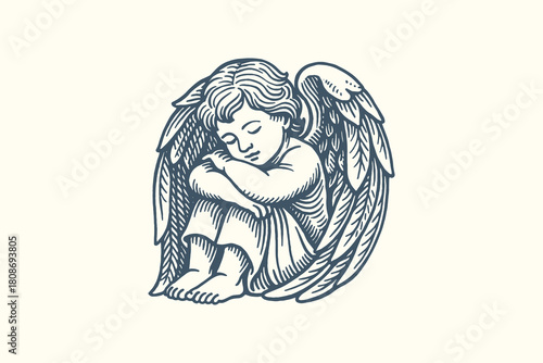 Sleeping angel child engraving vintage vector illustration