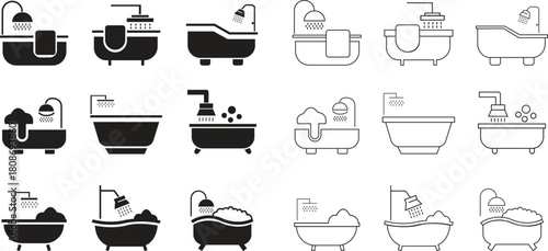 Bathroom bathtub flat and outline icon set with modern shower symbols. Minimal vectors illustrations showing tubs, bubbles and water flow elements for home interior designs and perfect for cleaning.