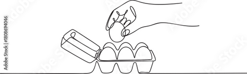 Continuous single line drawing of a hand placing an egg into a carton, minimalist food and grocery themed outline illustration, vector