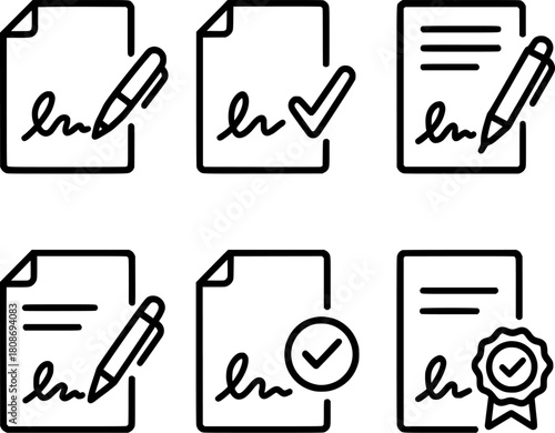 digital signature and document approval icon set
