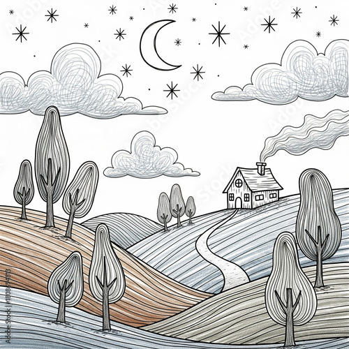 Whimsical hand-drawn sketch of a peaceful nocturnal winter landscape featuring a small, cozy cottage on a snowy hill under a starry sky with a crescent moon