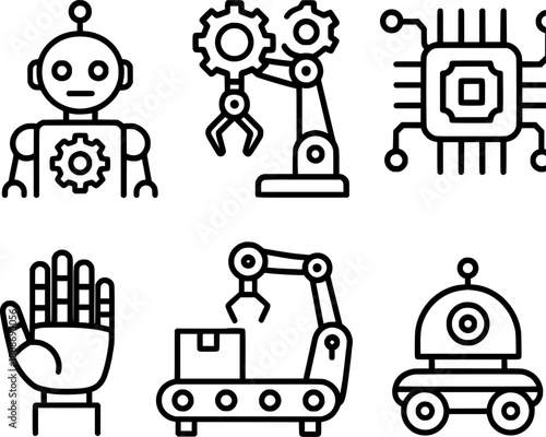 Industrial robotics and automation technology vector icons