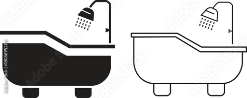 Bathroom bathtub flat and outline icon set with modern shower symbols. Minimal vectors illustrations showing tubs, bubbles and water flow elements for home interior designs and perfect for cleaning.