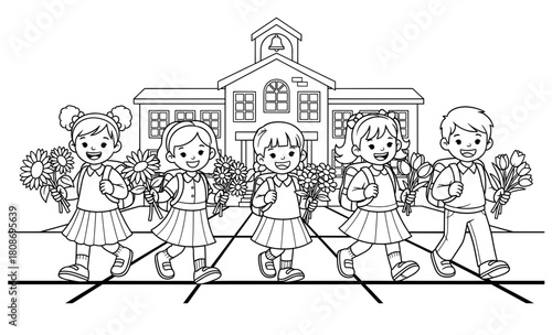 Group of children walking happily with backpacks and flowers in hand, in front of a school building, showcasing friendship and joy in a coloring page illustration
