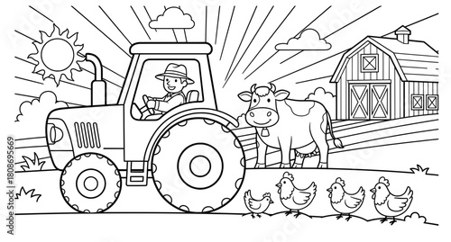 Farmer driving tractor in a sunny field with a cow and chickens, surrounded by a barn and clouds, creating a cheerful agricultural scene for coloring pages