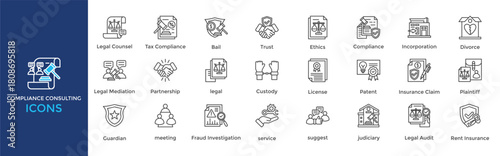 Compliance Consulting icon set. Containing Legal Counsel, Tax Compliance, Bail, Trust, Ethics, Incorporation