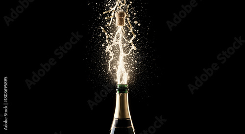 Champagne bottle popping, cork explosion, celebration splash, new year party, golden spray, success toast, festive event, isolated on black background