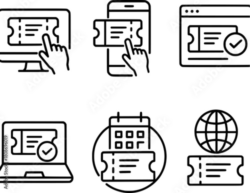 online ticket booking and reservation line icons set