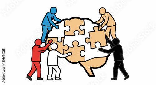 Five figures assembling puzzle pieces to form a brain, symbolizing teamwork.