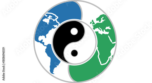 A symbolic representation of global balance, incorporating yin-yang and world maps.