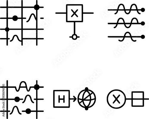 Quantum computing algorithm visualization vector icons