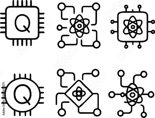 Quantum computing microchip and logic circuit vector icons