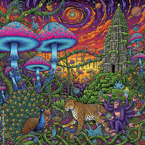 Vibrant psychedelic jungle fantasy illustration with mystical glowing mushrooms, exotic leopard, peacock, and multi-armed monkey amidst ancient temple ruins under a cosmic sky