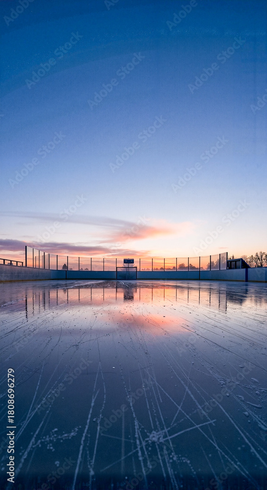 Obraz premium Sunset view over frozen ice rink reflecting colorful sky 