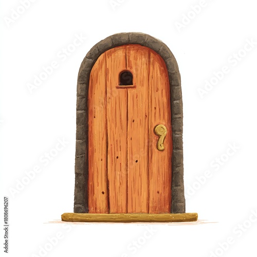 Wooden door with brick frame, isolated on white background.