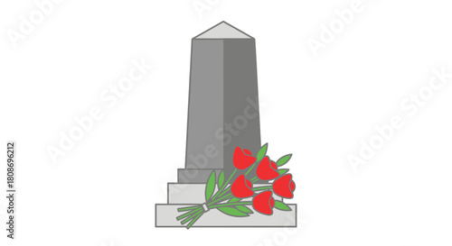 A gray monument with a bouquet of red roses, symbolizing remembrance and loss.