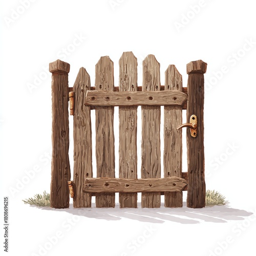 A rustic wooden gate with a weathered appearance, isolated on white background.