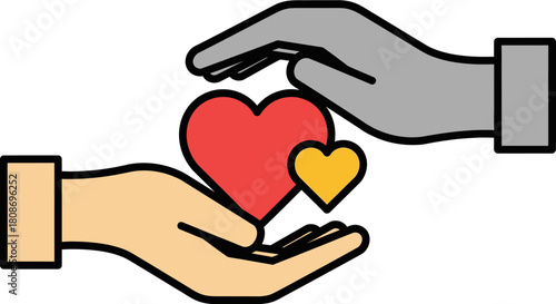 Two hands protect and give hearts, symbolizing care and compassion.