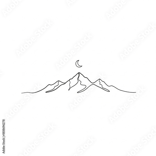 Minimalist continuous line art illustration depicting a serene mountain range with prominent peaks beneath a delicate crescent moon, symbolizing tranquility and natural beauty