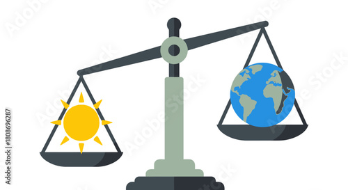 A scale shows the sun and the earth in balance, symbolizing environmental issues and sustainability.