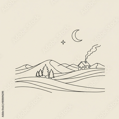 Minimalist outline of a tranquil countryside scene featuring a small home nestled in rolling hills at night under the moon and stars