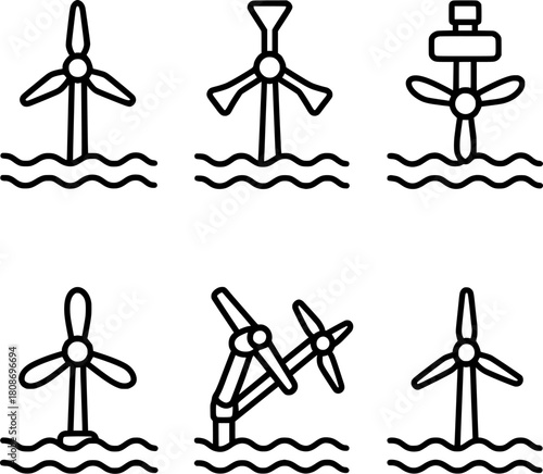 Renewable ocean energy turbine generator line icons set