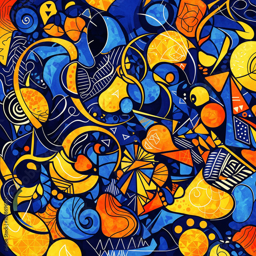 Vibrant Abstract Art A Captivating Blend of Blue and Yellow Organic Shapes and Geometric Elements