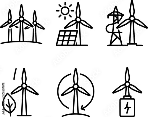 renewable wind farm energy production vector icon set