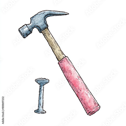 Hammer and nail on a white isolated background, perfect for construction themes.