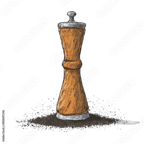 Wooden pepper grinder with freshly ground pepper on white background.